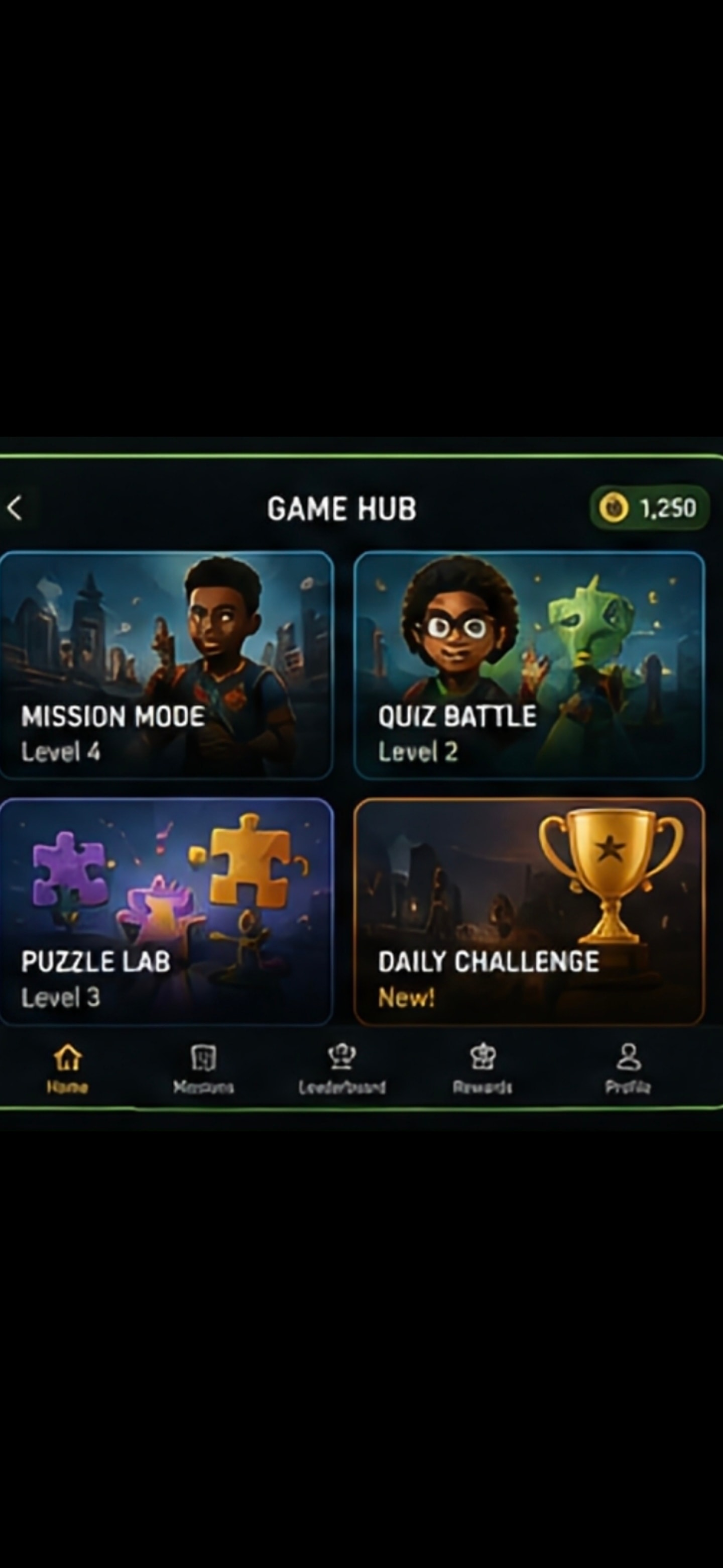 10th of a Second learning game hub showing Mission Mode, Quiz Battle, Puzzle Lab, and Daily Challenge